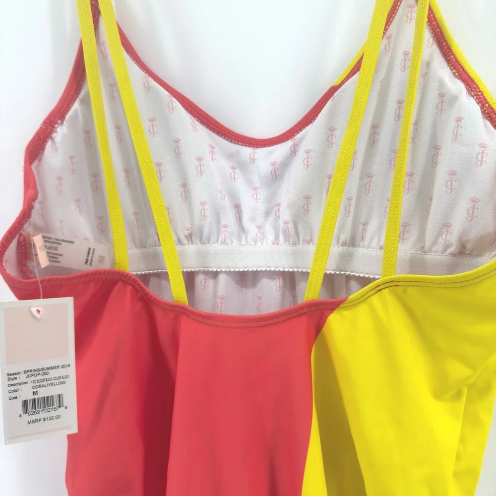 NEW Juicy Couture Color Block One Piece Scoop Swimsuit‎ Swimwear Coral Yellow M